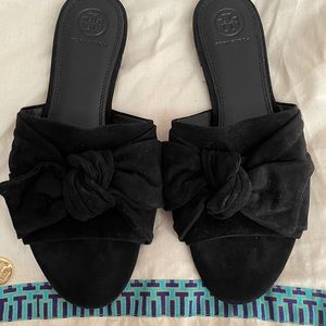 Tory Burch black suede bow slip on sandals